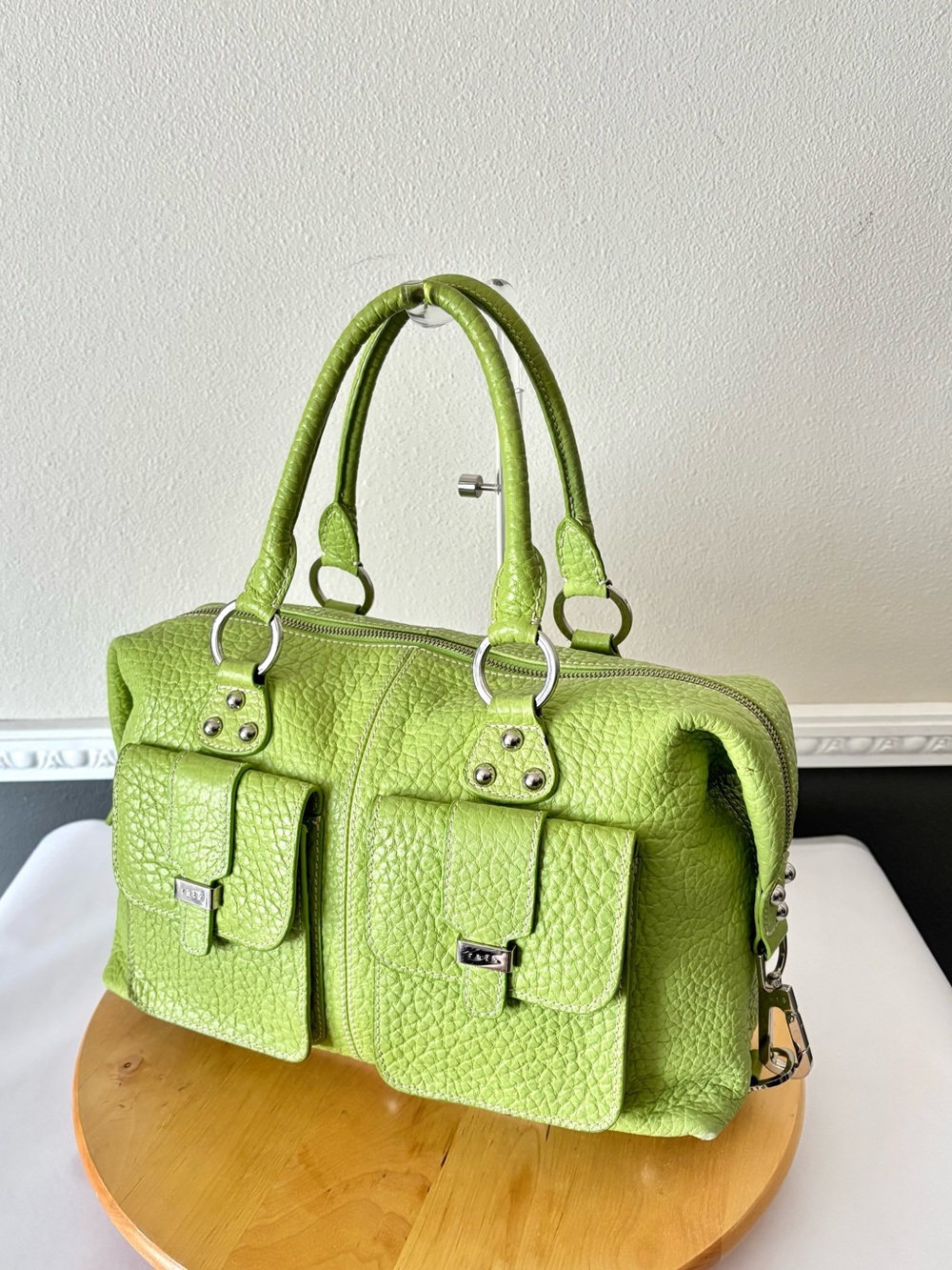 Rafe Y2K Lime Green Pebbled Leather Pock Leather Satchel Tote Handbag